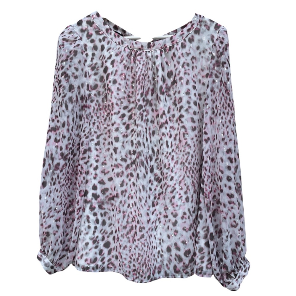 Talbots Animal Print Sheer Blouse Pink Gray White Silver  EUC Size Medium